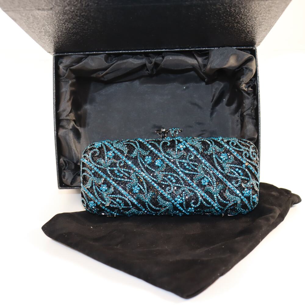 Dolli Crystal Evening‎ Clutch Teal & Black Rhinestone Minaudière w/ Box